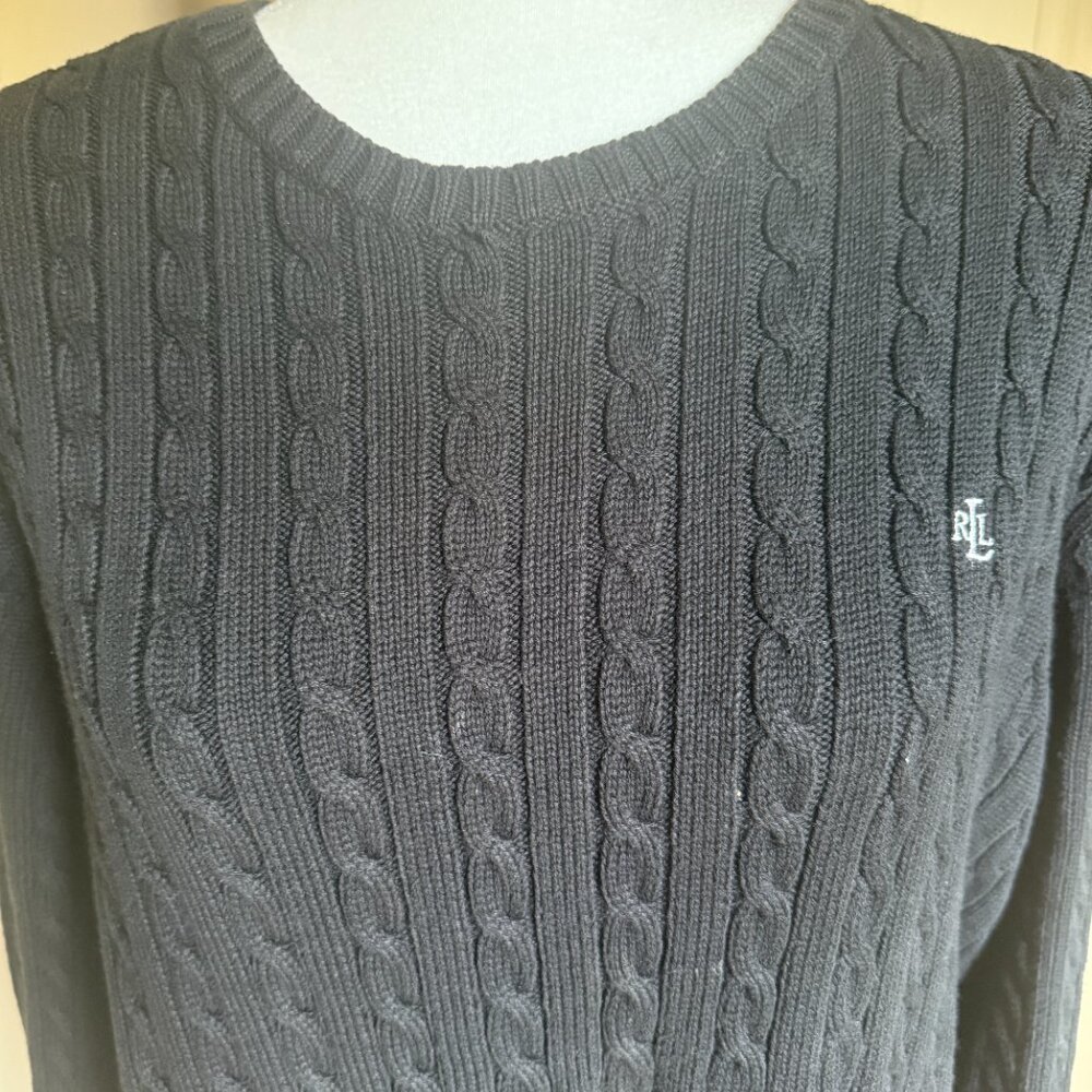Lauren Ralph Lauren Black Cotton Cable Knit Sweater Monogram Long Sleeve sz 2X